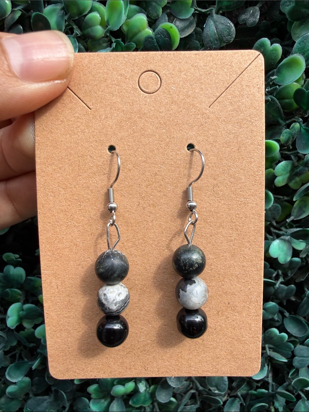 Handmade Black & Gray Natural Stone Beaded Drop Earrings
